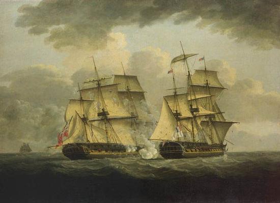 unknow artist An oil painting of a naval engagement between the French frigate Semillante and British frigate Venus in 1793 oil painting image
